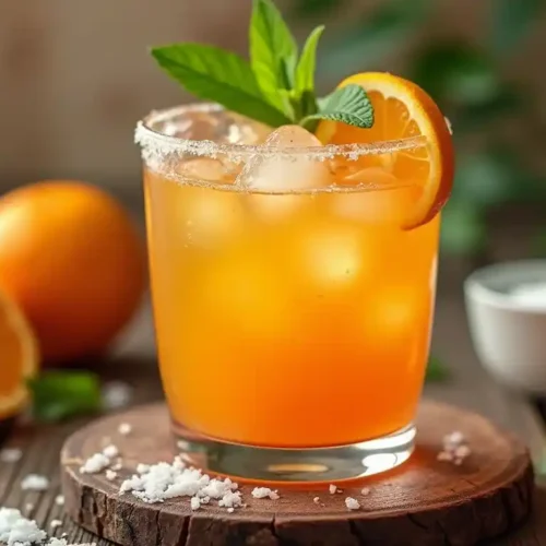 A vibrant adrenal cocktail served in a glass, garnished with orange slices and mint, surrounded by fresh ingredients on a wooden table.