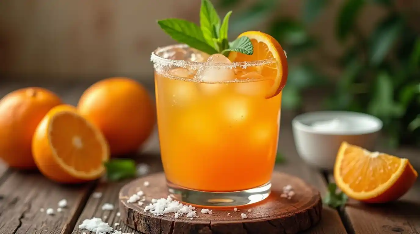 A vibrant adrenal cocktail served in a glass, garnished with orange slices and mint, surrounded by fresh ingredients on a wooden table.