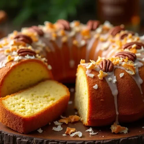 A freshly baked Caribbean Festival Rum Cake with a golden-brown, moist texture, drizzled with a rich rum glaze. A slice is cut out, revealing its soft, buttery interior, garnished with toasted coconut and pecans.