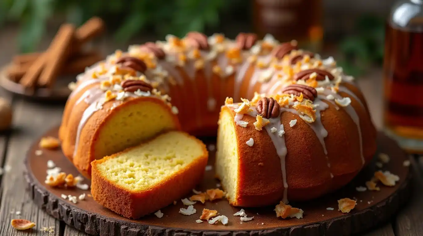 A freshly baked Caribbean Festival Rum Cake with a golden-brown, moist texture, drizzled with a rich rum glaze. A slice is cut out, revealing its soft, buttery interior, garnished with toasted coconut and pecans.
