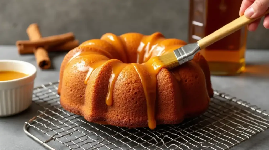 A freshly baked Caribbean Festival Rum Cake being brushed with a warm, buttery rum glaze as it soaks into the cake.