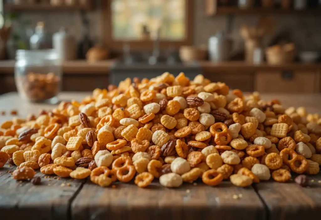 A tray of golden-brown Chex Mix fresh out of the oven, filled with cereal, pretzels, nuts, and seasonings.