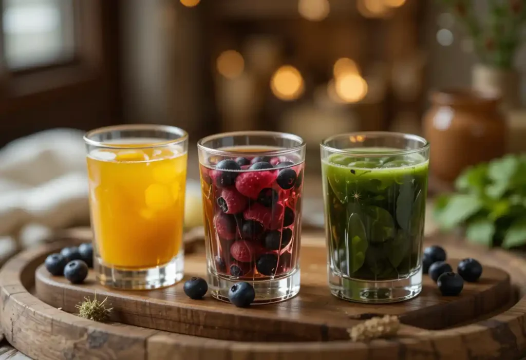 An assortment of colorful immunity shots in small glass bottles, surrounded by fresh ingredients like ginger, turmeric, lemon, and honey, with a notebook of tips and variations.