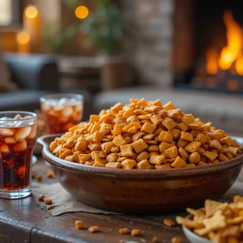 A bowl of the best Chex Mix ever, surrounded by small serving cups, garnishes, and a variety of dipping sauces on a festive table.