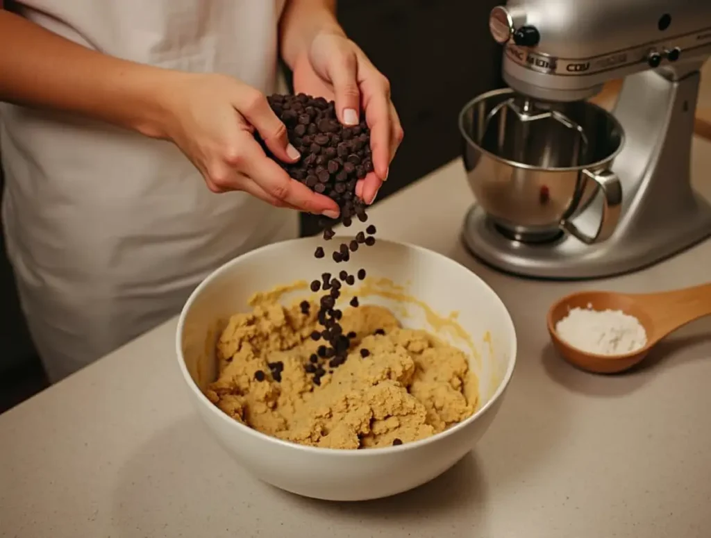 Step-by-step instructions for making Crumbl cookies, showing mixing ingredients, shaping dough, and baking in the oven.