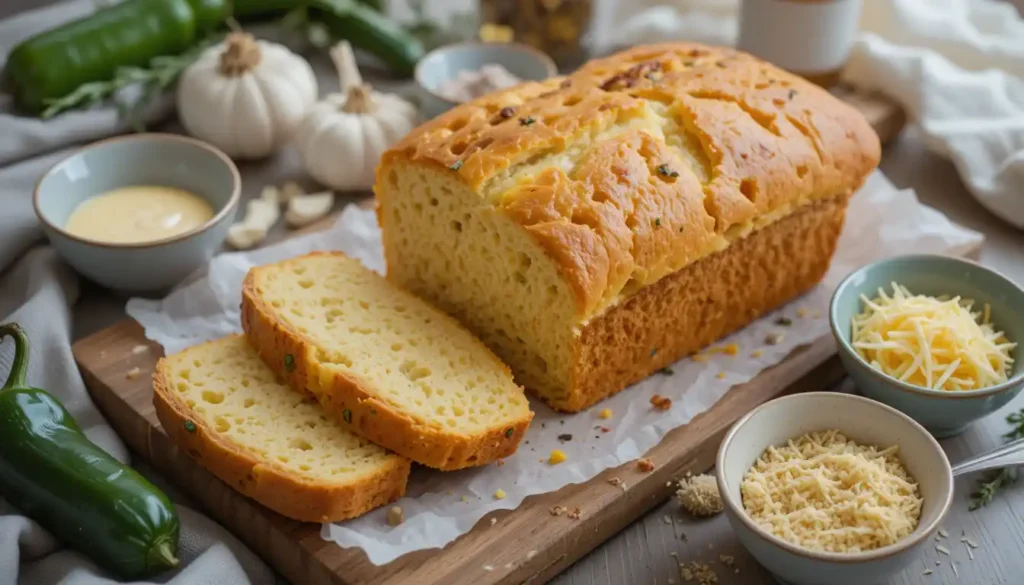 A loaf of vegan jalapeno cheese bread with bowls of garlic, nutritional yeast, and herbs, alongside a notepad with handwritten tips.