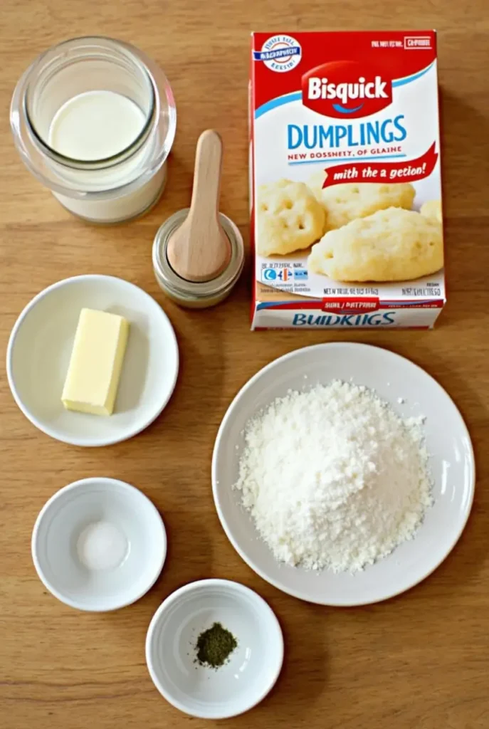 Ingredients for Bisquick dumplings, including Bisquick mix, milk, and a bowl ready for mixing, placed on a kitchen counter