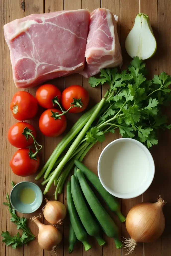 Fresh ingredients for a sinigang recipe, including pork, tamarind, tomatoes, radish, eggplant, string beans, and leafy greens, arranged on a kitchen counter.