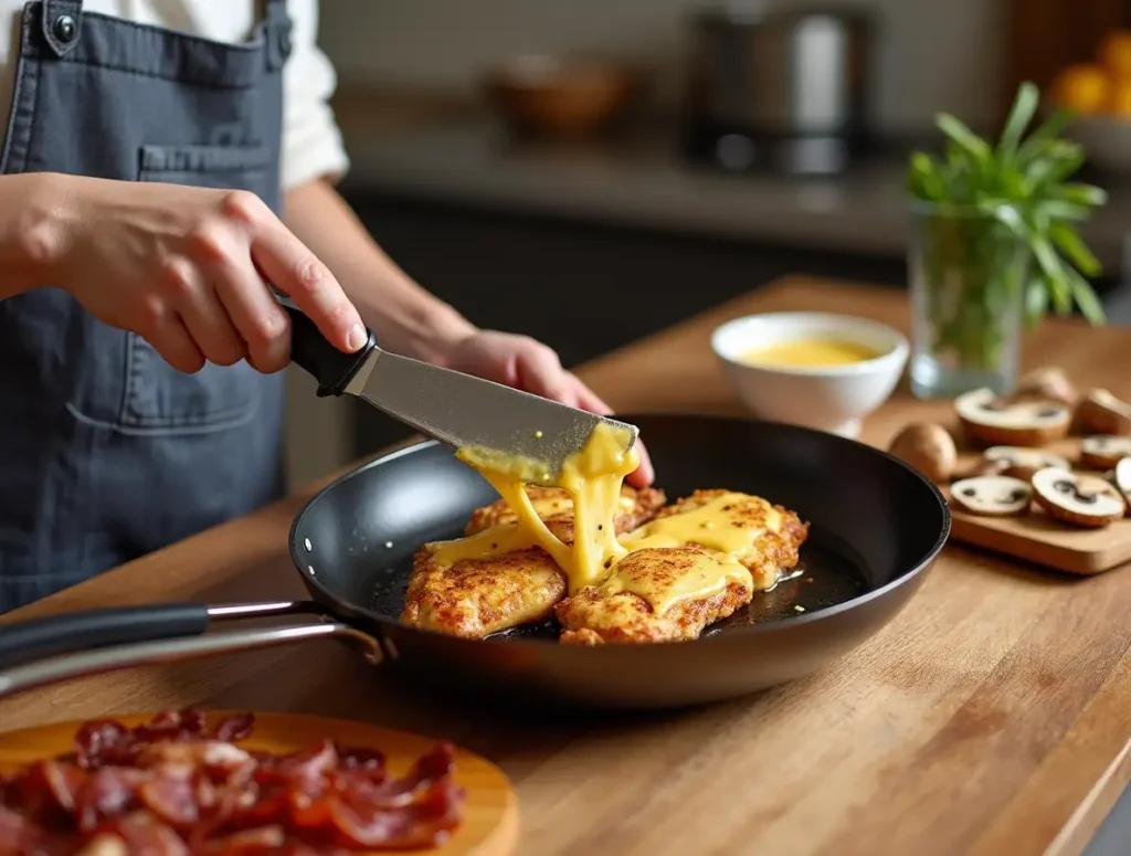 Step-by-step process of making Alice Springs Chicken, including marinating chicken, grilling, adding bacon, cheese, and honey mustard sauce.