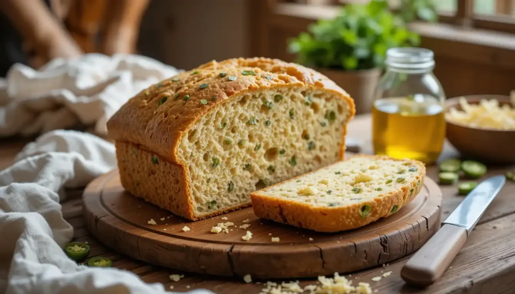 A freshly baked vegan jalapeno cheese artisan bread surrounded by ingredients like jalapeños, vegan cheese, and olive oil on a wooden board.