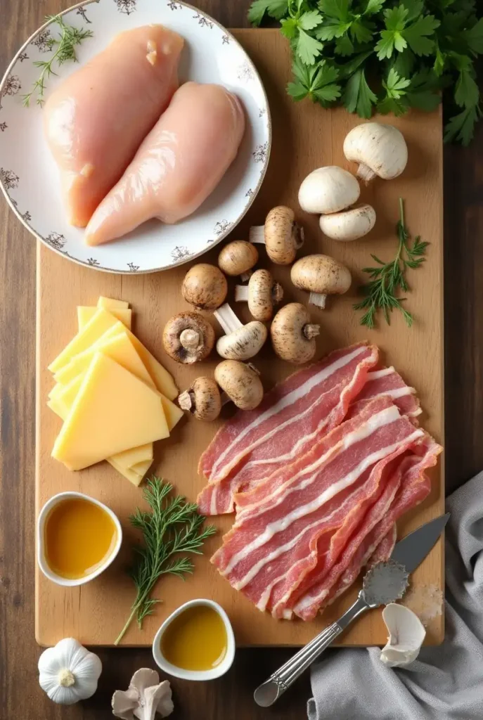 Ingredients for Alice Springs Chicken, including chicken breasts, bacon, mushrooms, honey mustard, cheese, and seasonings, laid out on a kitchen counter.