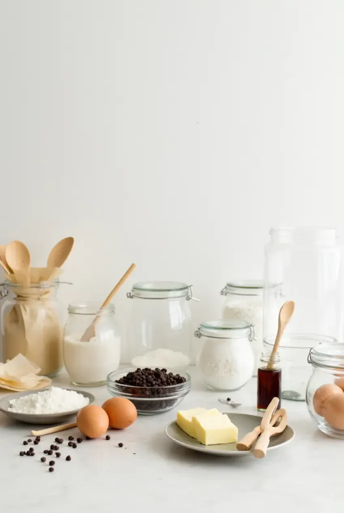 Ingredients for a Crumbl cookie recipe, including flour, sugar, butter, chocolate chips, and vanilla extract arranged on a kitchen counter.
