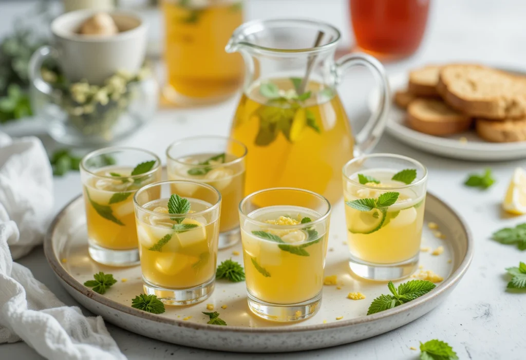 Immunity shots served in small glass bottles and shot glasses, garnished with fresh turmeric, ginger, and lemon slices.