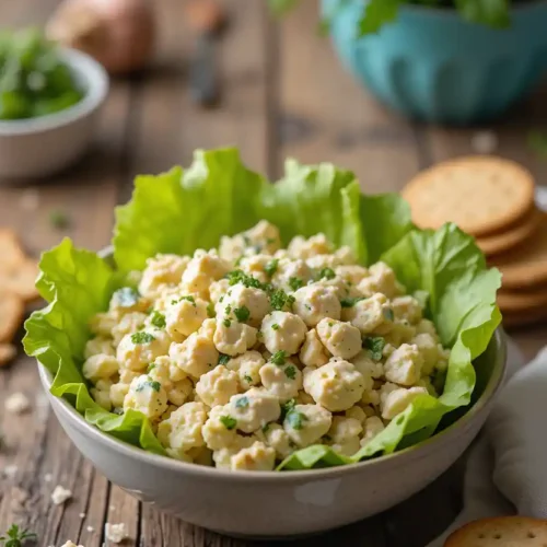 A creamy and flavorful Chicken Salad Chick recipe served in a bowl with fresh greens, crackers, and a side of fruit.