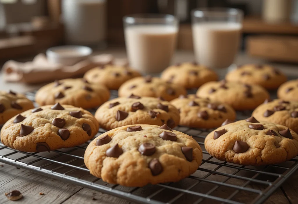 Freshly baked Crumbl-style cookies on a cooling rack, topped with frosting and colorful sprinkles.