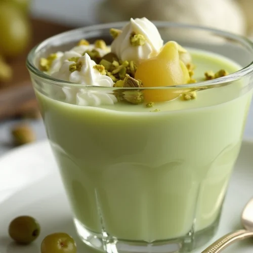 A creamy pistachio pudding served in a glass dessert cup, topped with whipped cream, crushed pistachios, and fresh grape halves, presented on a rustic wooden table.