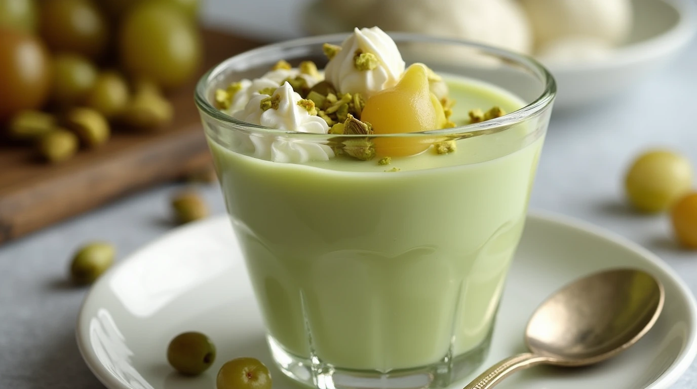 A creamy pistachio pudding served in a glass dessert cup, topped with whipped cream, crushed pistachios, and fresh grape halves, presented on a rustic wooden table.