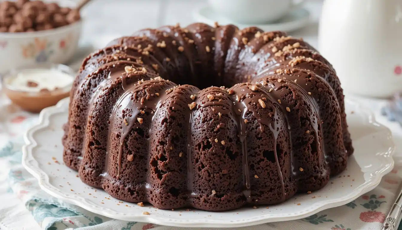 A moist chocolate cream cheese pound cake topped with powdered sugar and sliced to show its rich, velvety interior.