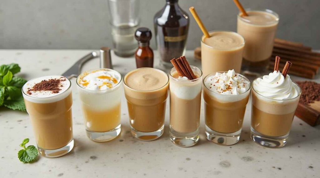 A buttery nipple shot with layers of butterscotch schnapps and Irish cream, served with a garnish of caramel drizzle and creative variations written on a recipe card.