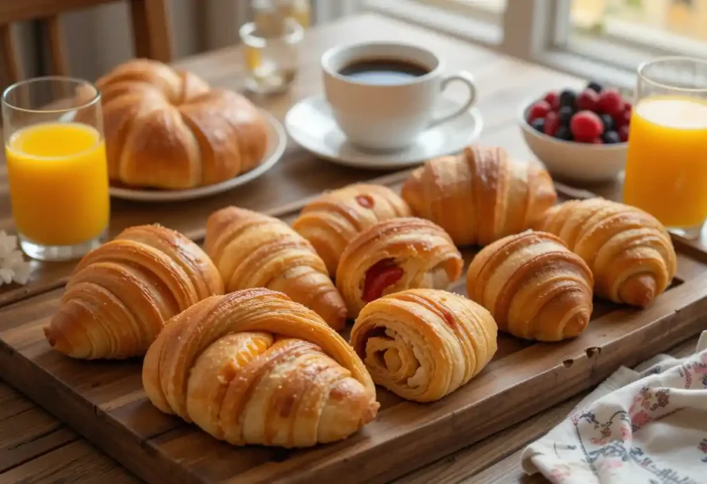 An assortment of freshly baked breakfast pastries, including croissants, danishes, and muffins, arranged on a wooden tray with coffee.