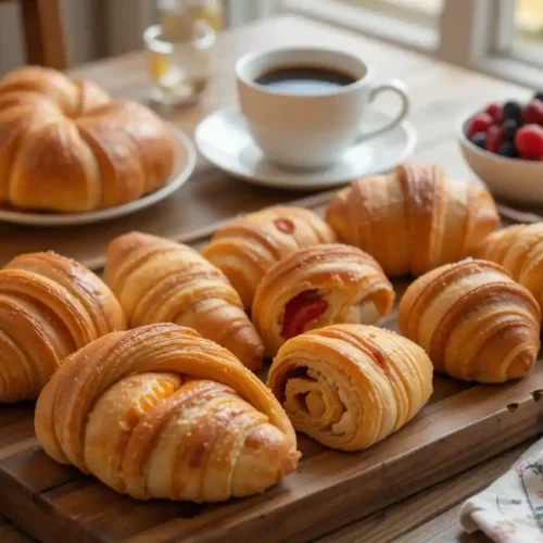 An assortment of freshly baked breakfast pastries, including croissants, danishes, and muffins, arranged on a wooden tray with coffee.