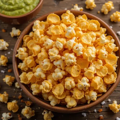 A bowl of crispy popcorn chips in various flavors, served on a wooden table with scattered kernels around.