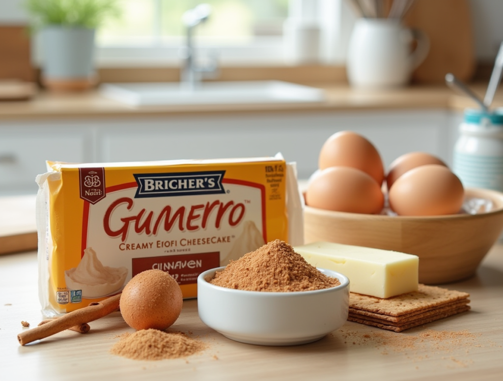 Ingredients for churro cheesecake recipe, including cream cheese, sugar, cinnamon, crescent dough, butter, and vanilla extract, arranged on a kitchen counter.