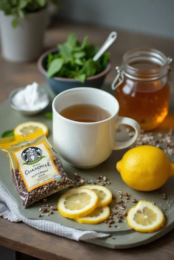 Ingredients for a Starbucks Medicine Ball recipe, including honey, lemonade, peach tea, mint tea, and a fresh lemon on a wooden countertop