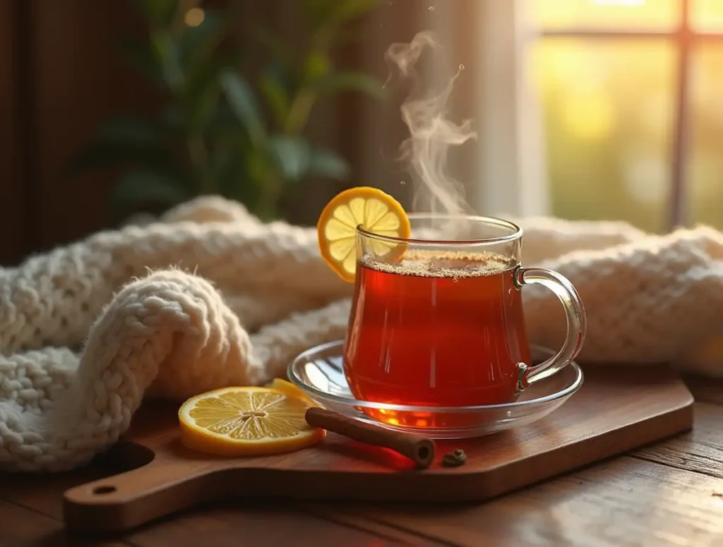 A warm cup of Starbucks Medicine Ball tea with lemon slices, honey, and mint leaves on a cozy table setting.