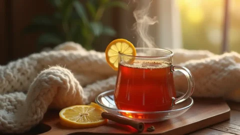 A warm cup of Starbucks Medicine Ball tea with lemon slices, honey, and mint leaves on a cozy table setting.