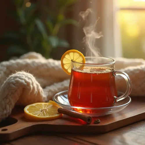 A warm cup of Starbucks Medicine Ball tea with lemon slices, honey, and mint leaves on a cozy table setting.