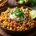 A vibrant ground chicken Mexican corn dish garnished with cilantro, lime, and cotija cheese, served in a rustic bowl with tortillas and spices.