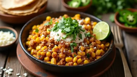 A vibrant ground chicken Mexican corn dish garnished with cilantro, lime, and cotija cheese, served in a rustic bowl with tortillas and spices.