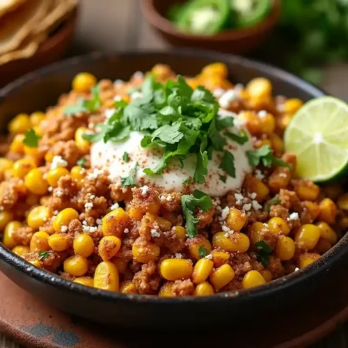 A vibrant ground chicken Mexican corn dish garnished with cilantro, lime, and cotija cheese, served in a rustic bowl with tortillas and spices.