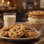 Disney-style chocolate chip cookies freshly baked and arranged on a plate, with a sprinkle of sea salt on top.