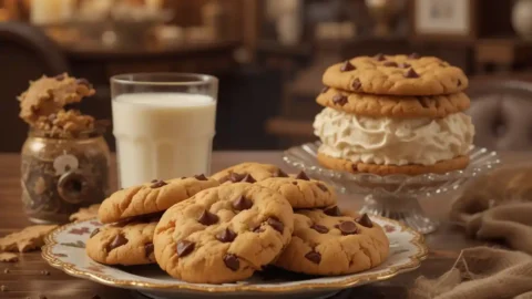 Disney-style chocolate chip cookies freshly baked and arranged on a plate, with a sprinkle of sea salt on top.