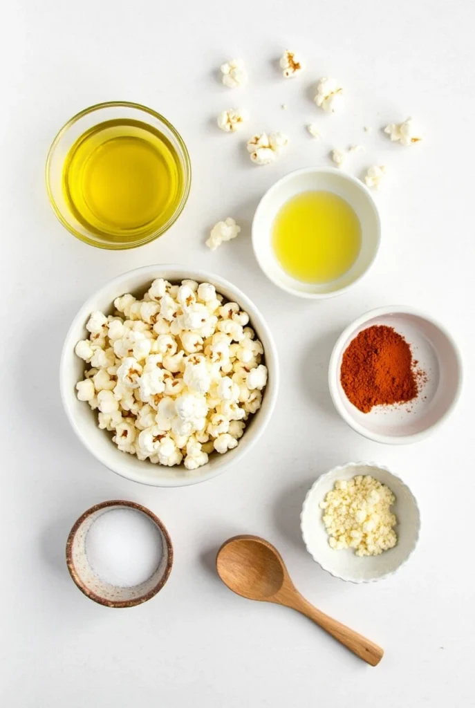 Ingredients for popcorn chips, including popped popcorn, cornmeal, spices, and olive oil, arranged on a wooden countertop.
