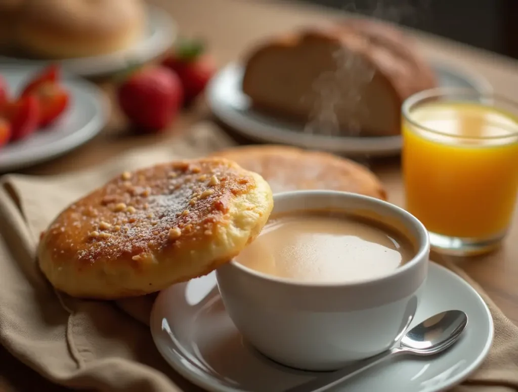 Freshly baked Gipfeli (croissants) on a wooden tray, surrounded by ingredients and a note listing their key benefits.