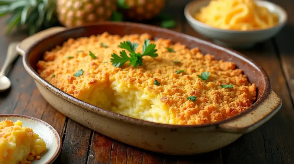 A golden-brown pineapple casserole topped with crispy crackers and melted cheese, served in a baking dish