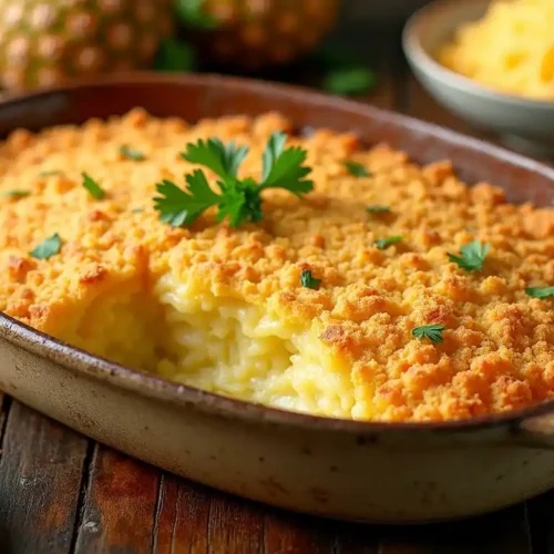 A golden-brown pineapple casserole topped with crispy crackers and melted cheese, served in a baking dish