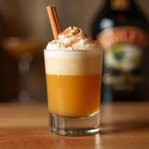 A layered Buttery Nipple shot with creamy Baileys and rich butterscotch schnapps in a shot glass on a bar counter.