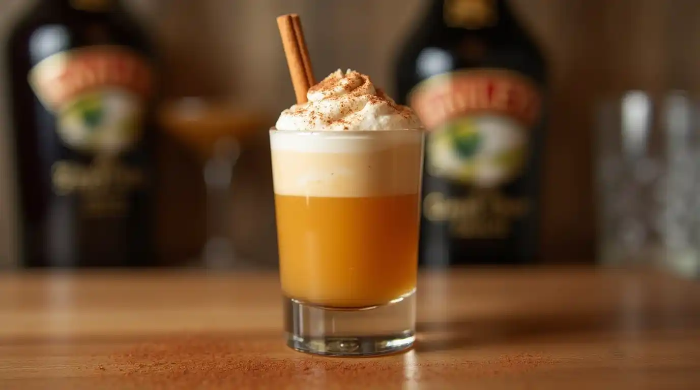 A layered Buttery Nipple shot with creamy Baileys and rich butterscotch schnapps in a shot glass on a bar counter.