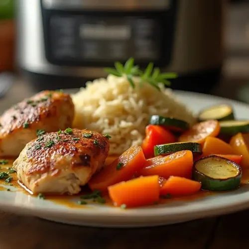 Ninja Foodi on a kitchen countertop with fresh ingredients and dual cooking functions displayed.