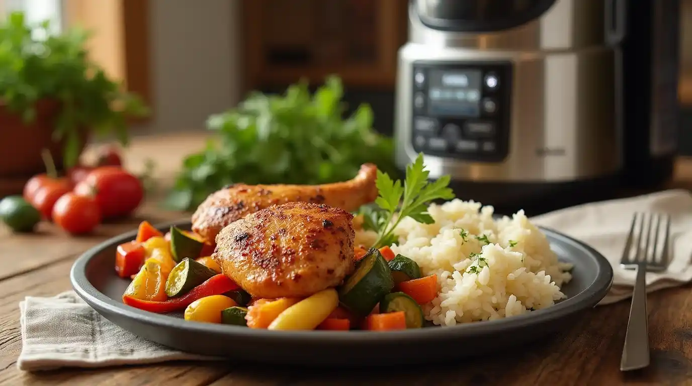 A Ninja Foodi multi-cooker preparing a delicious meal, featuring tender chicken, roasted vegetables, and flavorful rice.