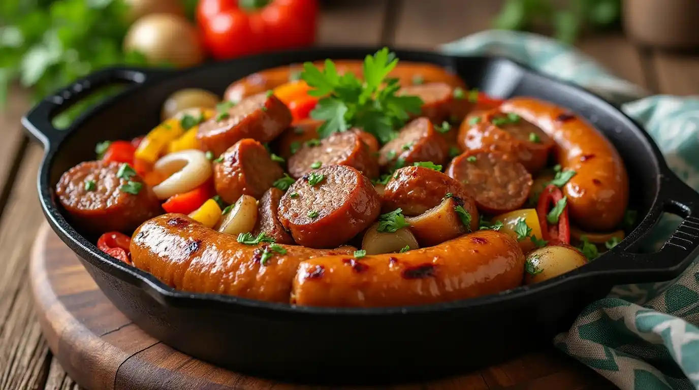 Delicious beef sausage recipe with sautéed vegetables, perfect for a flavorful and easy meal.