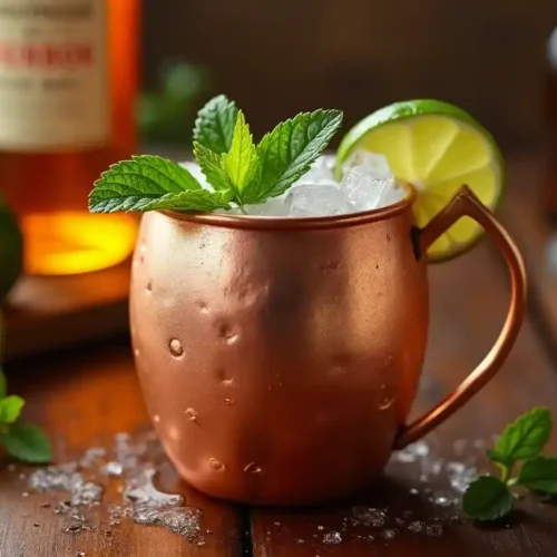 Kentucky Mule served in a copper mug with lime and mint garnish.