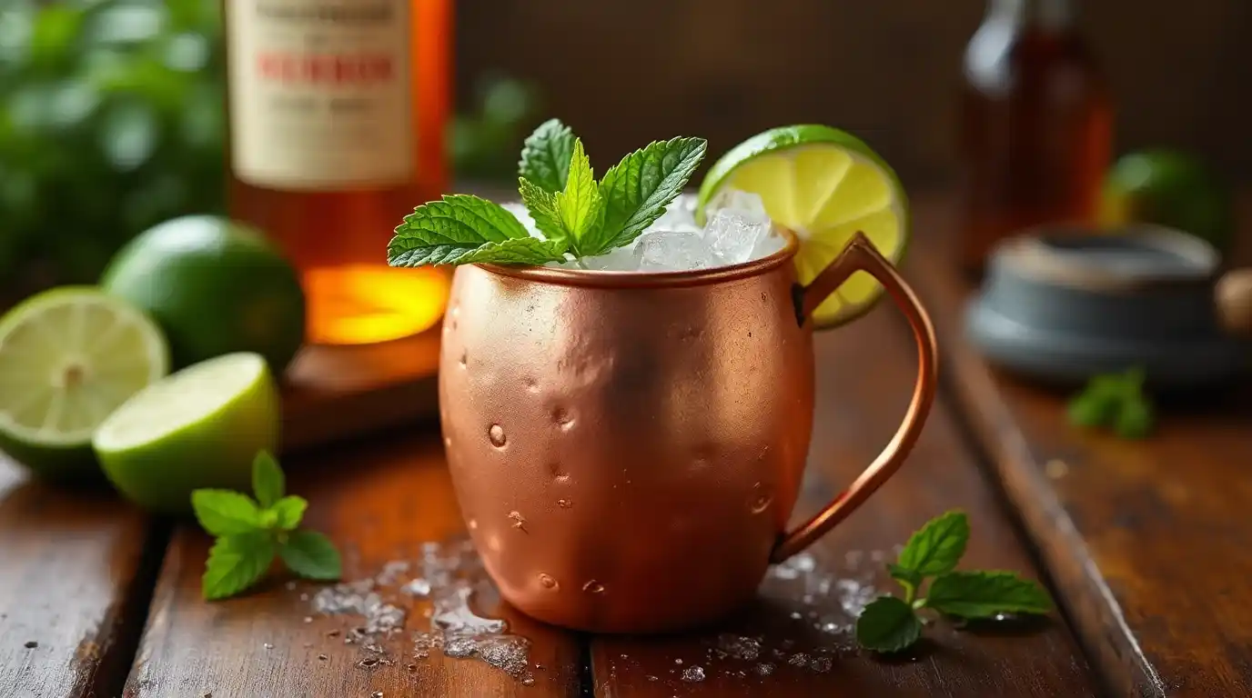 Kentucky Mule served in a copper mug with lime and mint garnish.