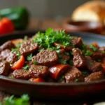 Easy beef recipe served in a skillet with fresh vegetables and garnishes on a rustic table.