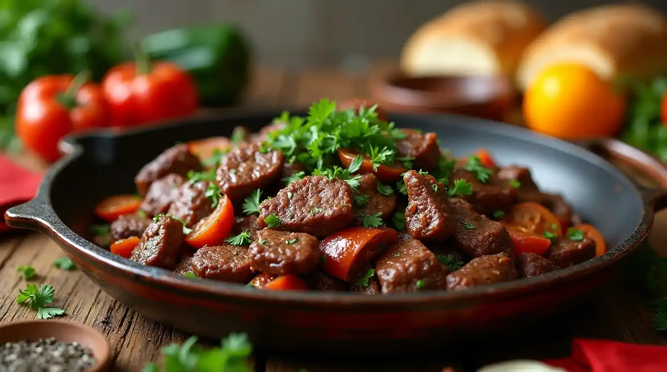 Easy beef recipe served in a skillet with fresh vegetables and garnishes on a rustic table.