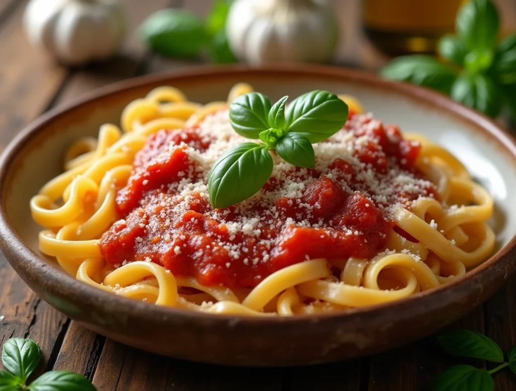 Freshly cooked mafaldine pasta topped with a rich tomato sauce, fresh basil, and grated Parmesan cheese on a white plate.